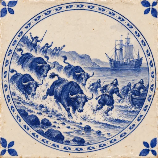Azulejo: toiros lançados pela encosta contra soldados castelhanos na baía da Salga