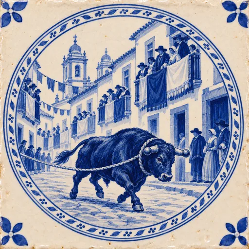 Azulejo: toiro à corda numa rua de Angra em festa, com varandas cheias