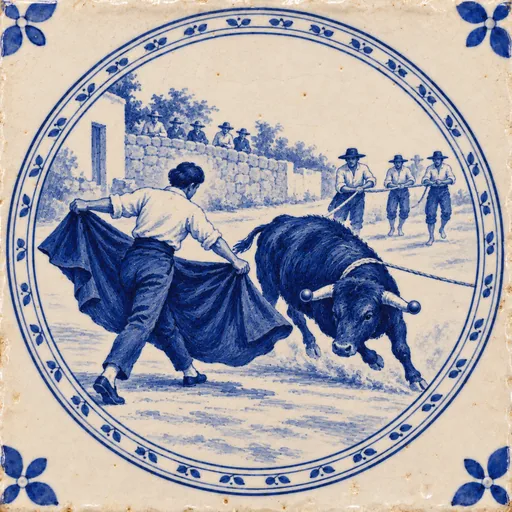 Azulejo: um capinha de capa aberta deixa passar o toiro; ao fundo, pastores descalços