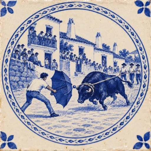 Azulejo: um capinha abre o guarda-chuva à frente do toiro numa rua da Terceira
