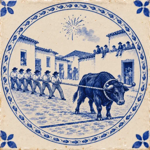 Azulejo: o toiro para no risco pintado na rua, segurado pelos pastores, e um foguete no céu