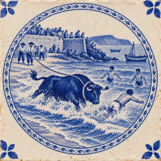 Azulejo: tourada à beira-mar, um capinha mergulha à frente do toiro