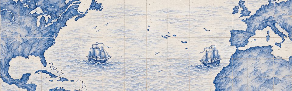 Painel de azulejos do Atlântico: as nove ilhas dos Açores ao centro, navios rumo à América e à Europa