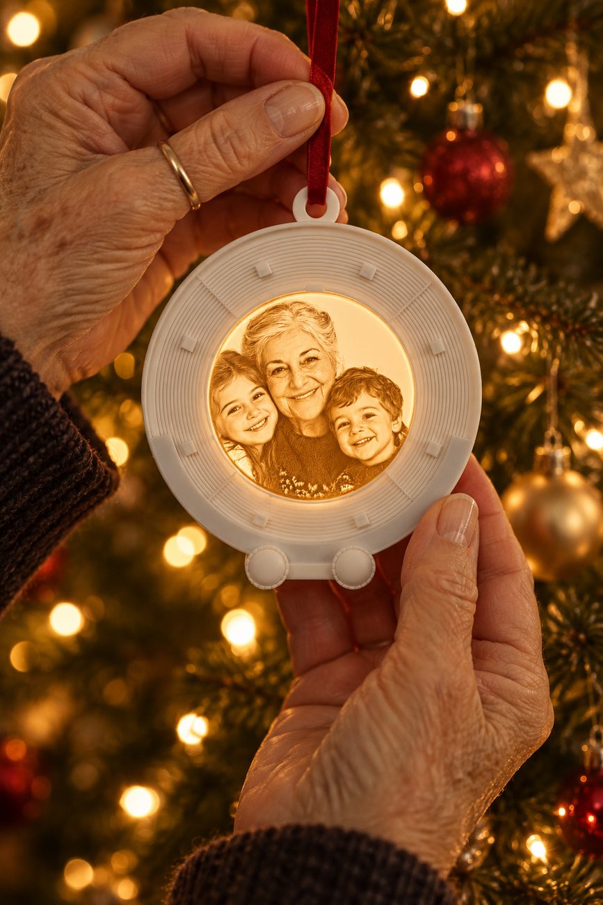 Mãos a segurar o enfeite aceso à frente da árvore de Natal