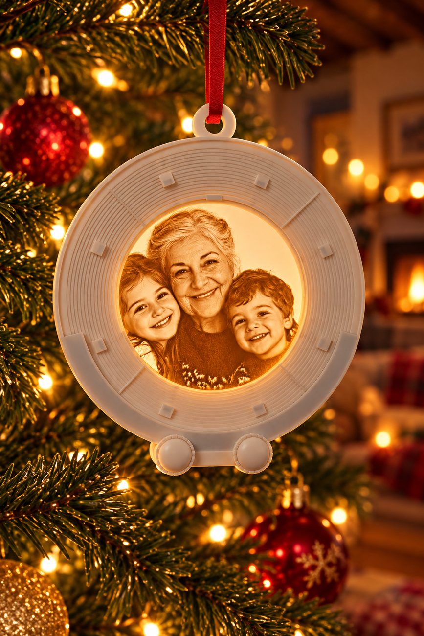 O enfeite pendurado na árvore de Natal, com uma fotografia de família acesa na arena
